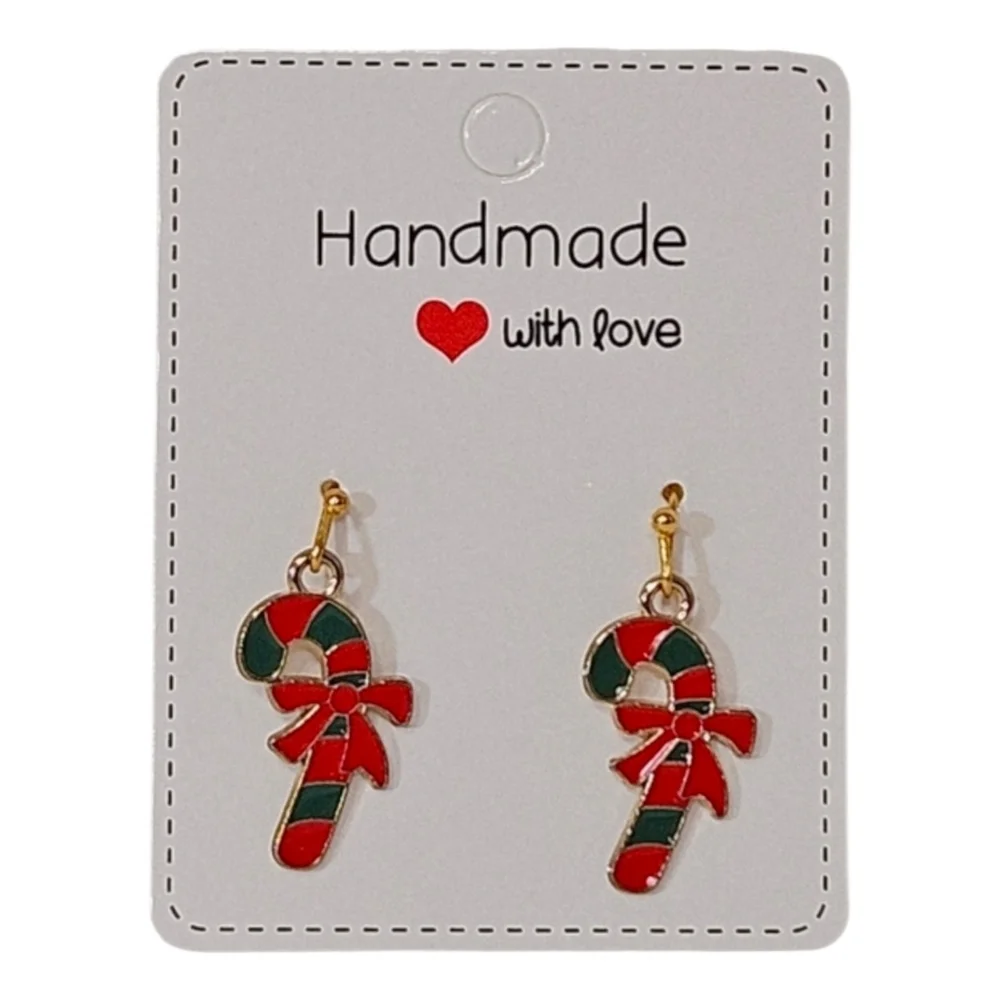 Candy Cane with Bow Christmas Dangle Earrings Red Green Enamel Gold